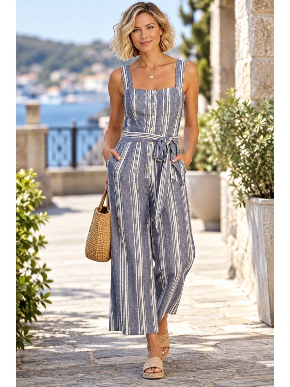 Rails Kyra Seaport Stripe Linen Blend Jumpsuit Size M